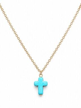Turquoise Cross Pendant Necklace Gold Tone Chain Christian Faith Boho Minimalist